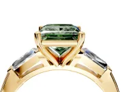 3 Stone Engagement Ring Setting for Fancy Green Princess Cut Center with Tapered Baguettes, Plain Band and Prong Head in Yellow Gold