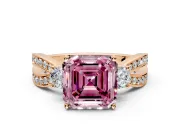 3 Stone Engagement Ring Setting for Fancy Pink Asscher Cut Center with Pave Twist Band and Prong Head in Rose Gold