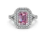 Double Halo Engagement Ring Setting for Fancy Pink Emerald Cut Center with Narrow Pave Split Shank and Prong Head in Platinum
