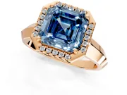Halo Engagement Ring Setting for Fancy Blue Asscher Cut Center with Knife Ridge Cathedral Band and Prong Head in Rose Gold