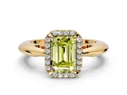 Halo Engagement Ring Setting for Fancy Yellow Emerald Cut Center with Tapered Plain Band and Prong Head in Yellow Gold