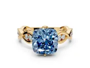 Solitaire Engagement Ring Setting for Fancy Blue Cushion Cut Center with Accented Twist Band and Leaf Prong Head in Yellow Gold