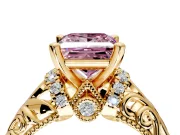 Solitaire Engagement Ring Setting for Fancy Pink Princess Cut Center with Filigree Accent Basket and Prong Head in Yellow Gold