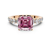 Shared-Prong Engagement Ring Setting for Fancy Pink Asscher Cut Center with Graduated Accents and Prong Head in Rose Gold