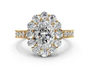 Halo Engagement Ring Setting for Oval Center with Milgrain Channel Band and Prong Head in Yellow Gold
