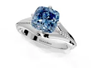Solitaire Engagement Ring Setting for Fancy Blue Cushion Cut Center with Milgrain Cathedral Band and Prong Head in White Gold