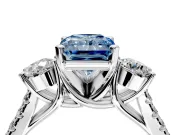 3 Stone Engagement Ring Setting for Fancy Blue Radiant Cut Center with Crossover Basket, Pave Band and Prong Head in Sterling Silver