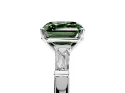 3 Stone Engagement Ring Setting for Fancy Green Asscher Cut Center with Tapered Baguettes, Plain Band and Prong Head in Sterling Silver