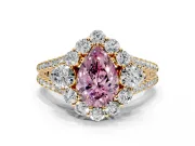 Halo Engagement Ring Setting for Fancy Pink Pear-Shaped Center with Two-Strand Split Shank and Prong Head in Yellow Gold