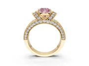 Pave Engagement Ring Setting for Fancy Pink Cushion Cut Center with Curved Accent Rows, Openwork and Prong Head in Yellow Gold