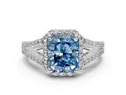 Halo Engagement Ring Setting for Fancy Blue Radiant Cut Center with Pave Split Shank and Prong Head in Sterling Silver
