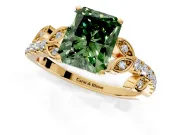 Leaf Motif Engagement Ring Setting for Fancy Green Radiant Cut Center with Pave Band and Prong Head in Yellow Gold