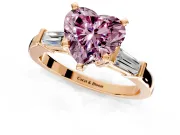 3 Stone Engagement Ring Setting for Fancy Pink Heart-Shaped Center with Channel Baguette Accents and Prong Head in Rose Gold