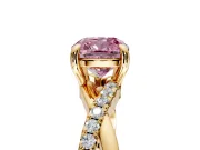 Solitaire Engagement Ring Setting for Fancy Pink Cushion Cut Center with Half-Pave Crossover Band and Prong Head in Yellow Gold