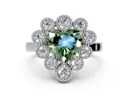 Cluster Halo Engagement Ring Setting for Fancy Green Heart-Shaped Center with Milgrain Bezel Accents and Prong Head in Sterling Silver