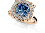 Single Halo Engagement Ring Setting for Fancy Blue Cushion Cut Center with Corner Claws, Plain Band and Prong Head in Rose Gold