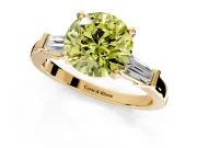 3 Stone Engagement Ring Setting for Fancy Yellow Round Cut Center with Channel Baguette Accents and Prong Head in Yellow Gold