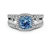 Halo Engagement Ring Setting for Fancy Blue Cushion Cut Center with Wide-Open Pave Split Shank and Prong Head in Sterling Silver