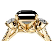 3 Stone Engagement Ring Setting for Fancy Black Asscher Cut Center with Crossover Basket, Pave Band and Prong Head in Yellow Gold