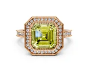 Halo Engagement Ring Setting for Fancy Yellow Asscher Cut Center with Milgrain Pave Band and Bezel Head in Rose Gold