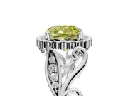 Halo Engagement Ring Setting for Fancy Yellow Cushion Cut Center with Leaf Motif Split Shank and Prong Head in Platinum