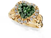 Halo Engagement Ring Setting for Fancy Green Heart-Shaped Center with Open Scroll Shoulders and Prong Head in Yellow Gold