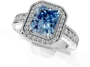 Milgrain Halo Engagement Ring Setting for Fancy Blue Radiant Cut Center with Pave Band and Prong Head in White Gold