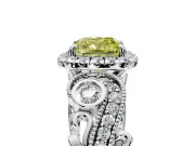Milgrain Halo Engagement Ring Setting for Fancy Yellow Cushion Cut Center with Shoulder Bezels and Prong Head in White Gold