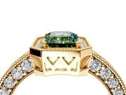 Milgrain Halo Engagement Ring Setting for Fancy Green Emerald Cut Center with Wide Pave Band and Prong Head in Yellow Gold