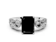 Leaf Engagement Ring Setting for Fancy Black Emerald Cut Center with Milgrain Accent Band and Prong Head in Platinum