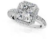 Halo Engagement Ring Setting for Radiant Cut Center with Heart-Shaped Openwork, Pave Band and Prong Head in Sterling Silver