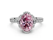 Halo Engagement Ring Setting for Fancy Pink Oval Center with Openwork Halo, Pave Band and Prong Head in White Gold
