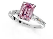 Baguette Engagement Ring Setting for Fancy Pink Emerald Cut Center with Alternating Bar-Set Band and Prong Head in Platinum