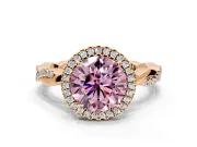Halo Engagement Ring Setting for Fancy Pink Round Cut Center with Pave and Plain Twist Band and Prong Head in Rose Gold
