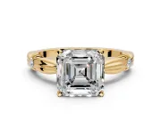 Solitaire Engagement Ring Setting for Asscher Cut Center with Carved Leaf Shoulders and Prong Head in Yellow Gold