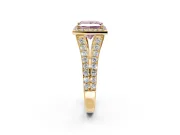 Halo Engagement Ring Setting for Fancy Pink Princess Cut Center with Narrow Pave Split Shank and Prong Head in Yellow Gold
