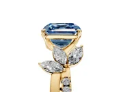 Floral Engagement Ring Setting for Fancy Blue Asscher Cut Center with Trailing Marquise Accents and Prong Head in Yellow Gold