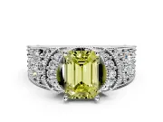 Pave Engagement Ring Setting for Fancy Yellow Emerald Cut Center with Curved Accent Rows, Openwork and Prong Head in Platinum
