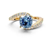 Solitaire Engagement Ring Setting for Fancy Blue Cushion Cut Center with Pave Bypass Swirl Band and Prong Head in Yellow Gold