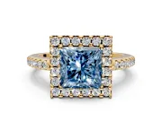 Pave Halo Engagement Ring Setting for Fancy Blue Princess Cut Center with Single Row Pave Band and Prong Head in Yellow Gold