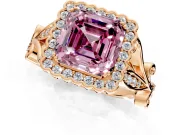 Halo Engagement Ring Setting for Fancy Pink Asscher Cut Center with Leaf Motif Split Shank and Prong Head in Rose Gold