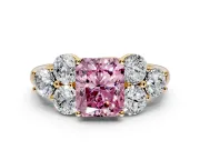 Cluster Engagement Ring Setting for Fancy Pink Radiant Cut Center with Round Cut Accent Frame and Prong Head in Yellow Gold