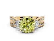 3 Stone Engagement Ring Setting for Fancy Yellow Round Cut Center with Pave Twist Band and Prong Head in Yellow Gold