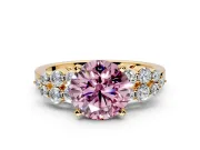 Cluster Engagement Ring Setting for Fancy Pink Round Cut Center with 2-Row Shoulder Clusters and Prong Head in Yellow Gold