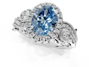 Milgrain Halo Engagement Ring Setting for Fancy Blue Oval Center with Shoulder Bezels and Prong Head in Sterling Silver