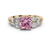 Cluster Engagement Ring Setting for Fancy Pink Cushion Cut Center with Round Cut Accent Frame and Prong Head in Yellow Gold