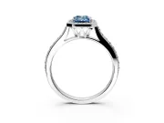 Halo Engagement Ring Setting for Fancy Blue Emerald Cut Center with Pave Accents, Heart Basket and Prong Head in Platinum