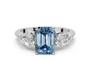 3 Stone Engagement Ring Setting for Fancy Blue Emerald Cut Center with Large Pear-Shaped Accents and Prong Head in Sterling Silver