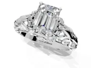 Solitaire Engagement Ring Setting for Emerald Cut Center with Filigree Accent Basket and Prong Head in White Gold