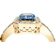 Halo Engagement Ring Setting for Fancy Blue Emerald Cut Center with Heart-Shaped Openwork, Pave Band and Prong Head in Yellow Gold